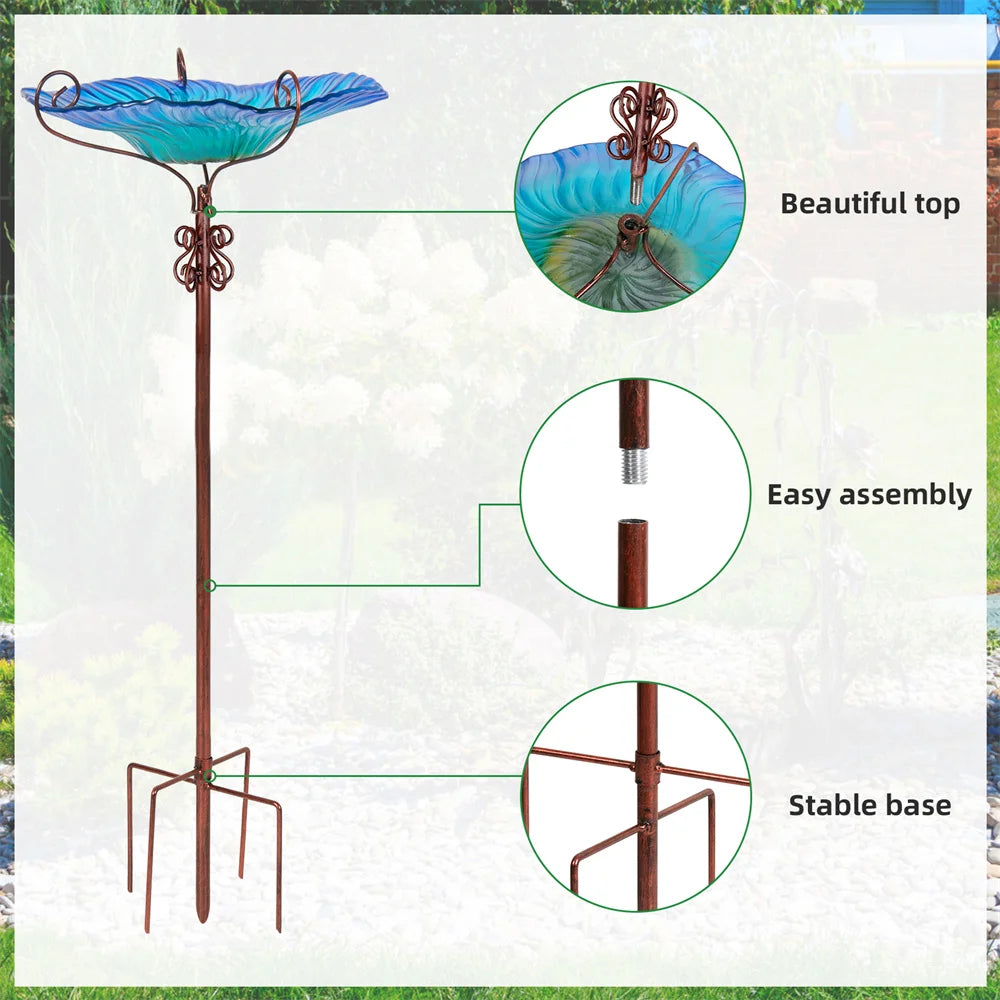 NULL Outdoor Garden Free-Standing Large Floral Blue Glass Bowl-Iron Metal Base Five Prongs Stake Bird Baths/Colors-Blue/Floral/Multicolor
