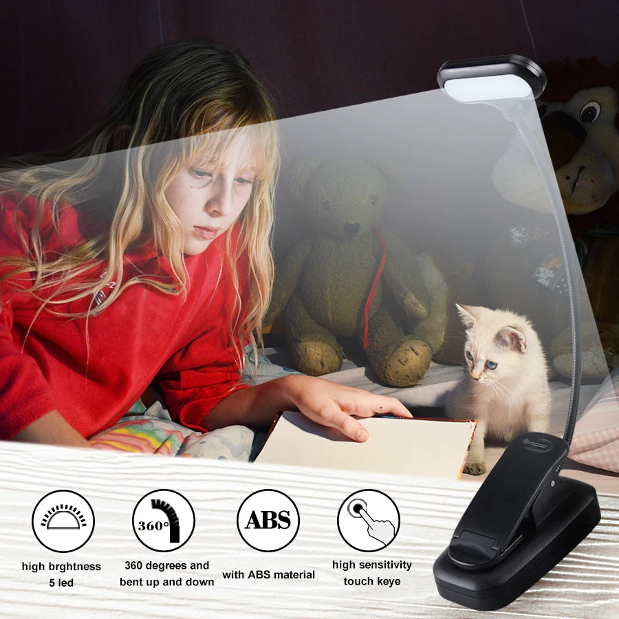 Mini Black Flexible Plastic Portable LED Clip-On Book Desktop Lamps/ Battery Powered/Battery Not Included/3-AAA Batteries Required