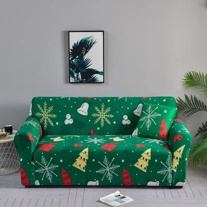 Christmas Theme Red-Green Polyester-Spandex 1-4 Seater L-Shape-Sectional Sofas Stretch Non-Slip Slipcovers