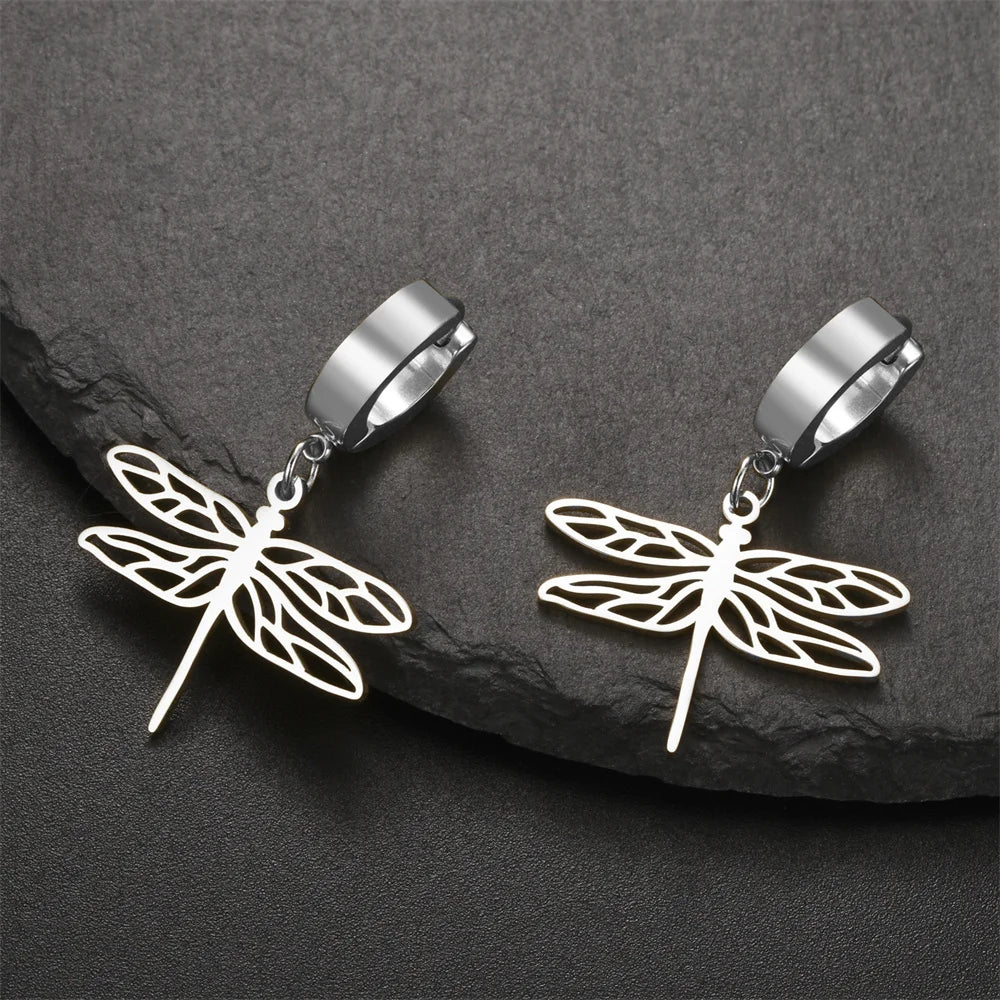 My Shape Dragonfly Earrings for Women Girls Gold Color Stainless Steel Dangle Earrings Hoop Earrings Insect Fashion Jewelry Gift