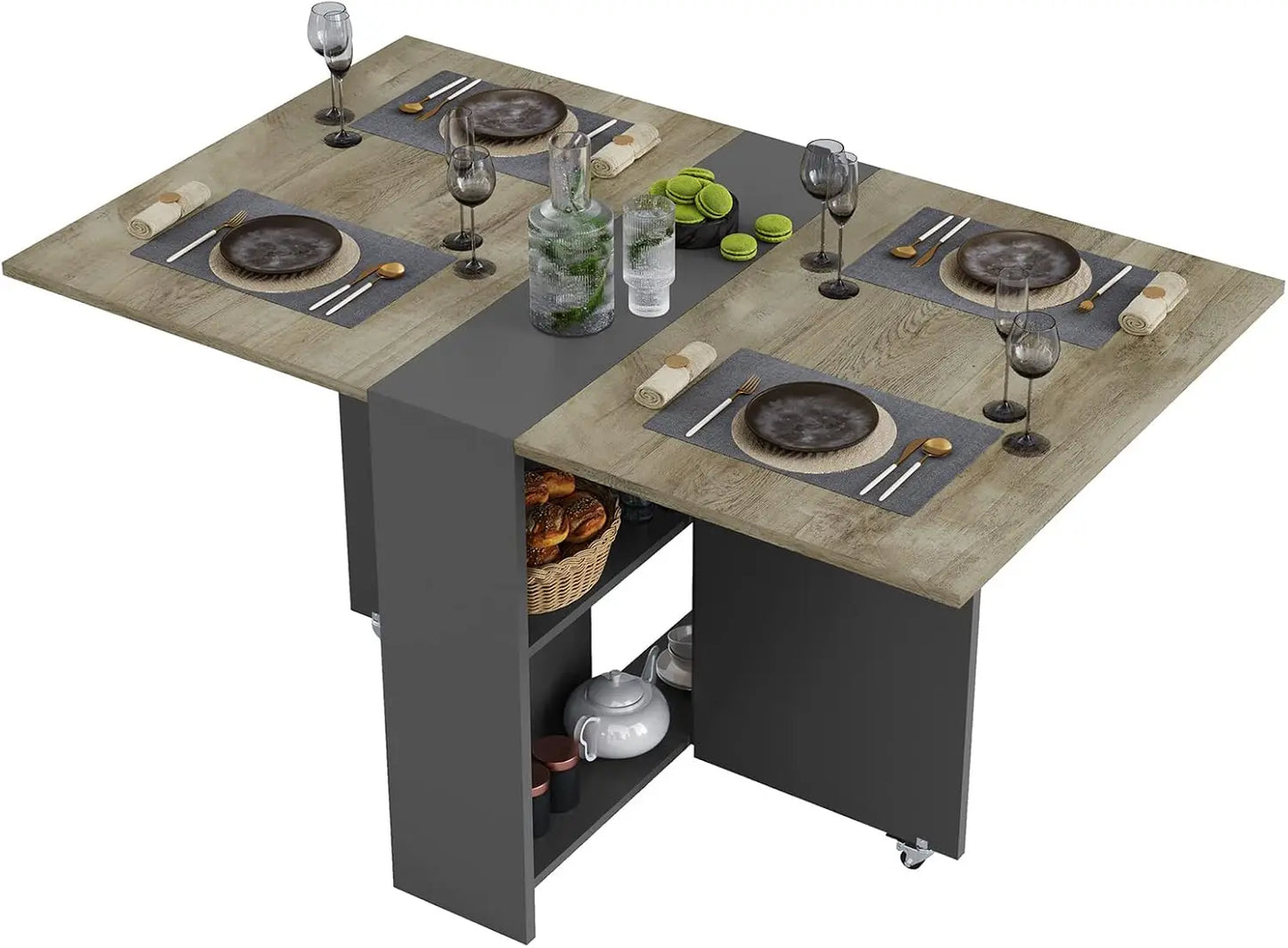 Rectangle Wood Folding Dining Table w/2 Storage Racks/ Drop Leaf Table w/ 6 Wheels/Colors-Wood +White/Chestnut +Gray/Brown +Black