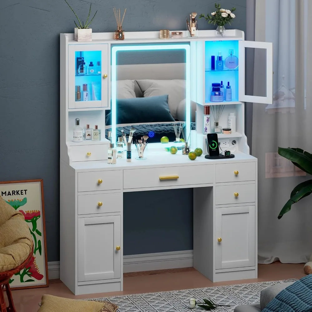 White LED Lighted Mirrored Vanity Desk w/3 Lighting Modes/ 2 USB Ports, Plug Outlet w/Built-In Charging Station