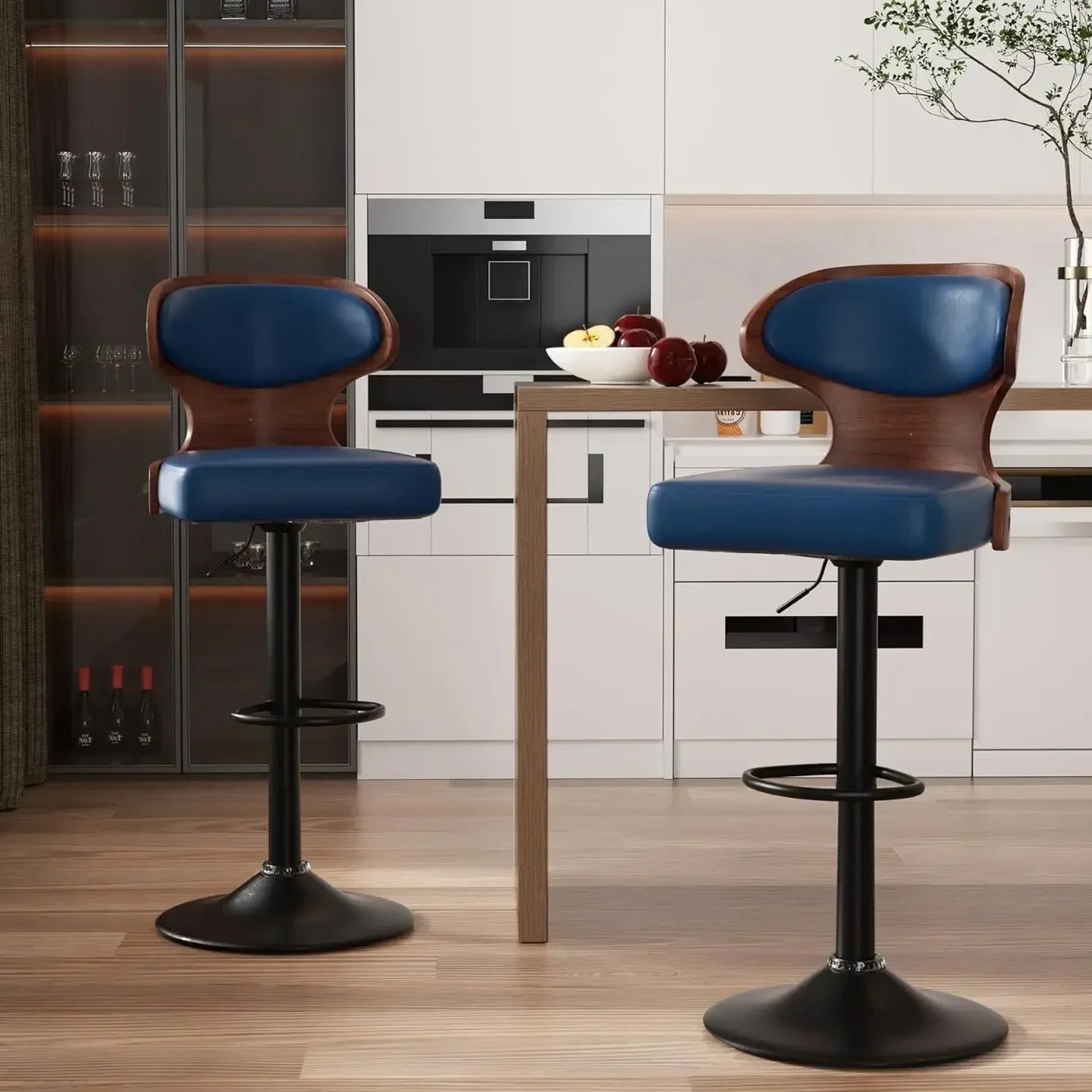 2 pcs L-Shaped Adjustable Height Solid Wood Low Backrest Bentwood Swivel Waterproof Leather Upholstered Cushion Barstools/Black Metal Frame Base /Footrest/Colors-Black/Blue/Green/Brown