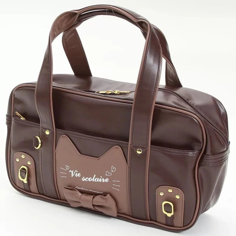 Sweet Lolita Girls Cute Kawaii Cat Bowknot Shoulder Polyester Briefcase Bags/Handle/Colors-Pink/Brown