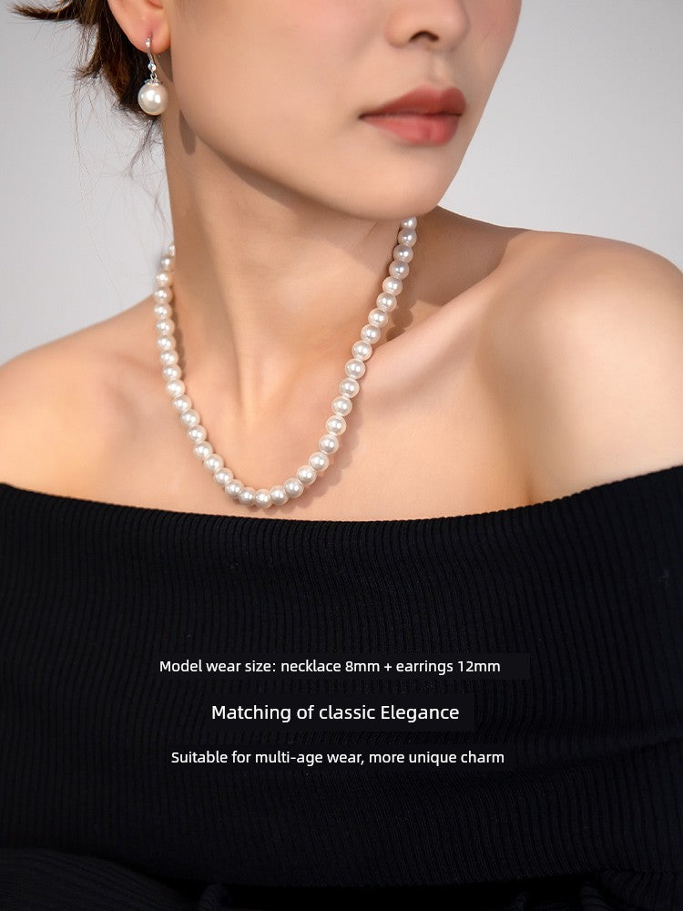 Adult Women Sterling Silver White Pearl Necklace-2 Hanging White Pearl Earrings Fine Imitation Jewelry Sets/Colors-White/Silver