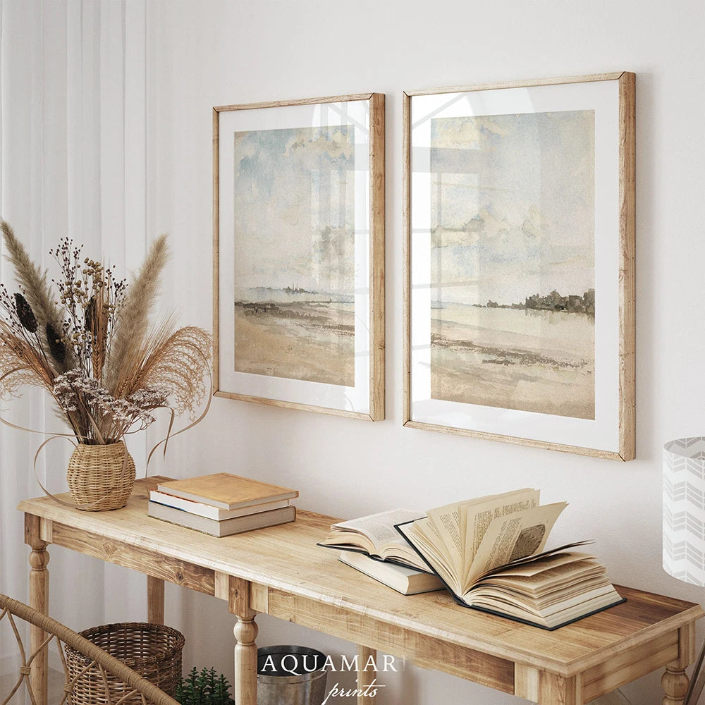Unframed Rectangle Canvas Waterproof Ink Abstract Beach Prints/Colors-Beige/White/Blue