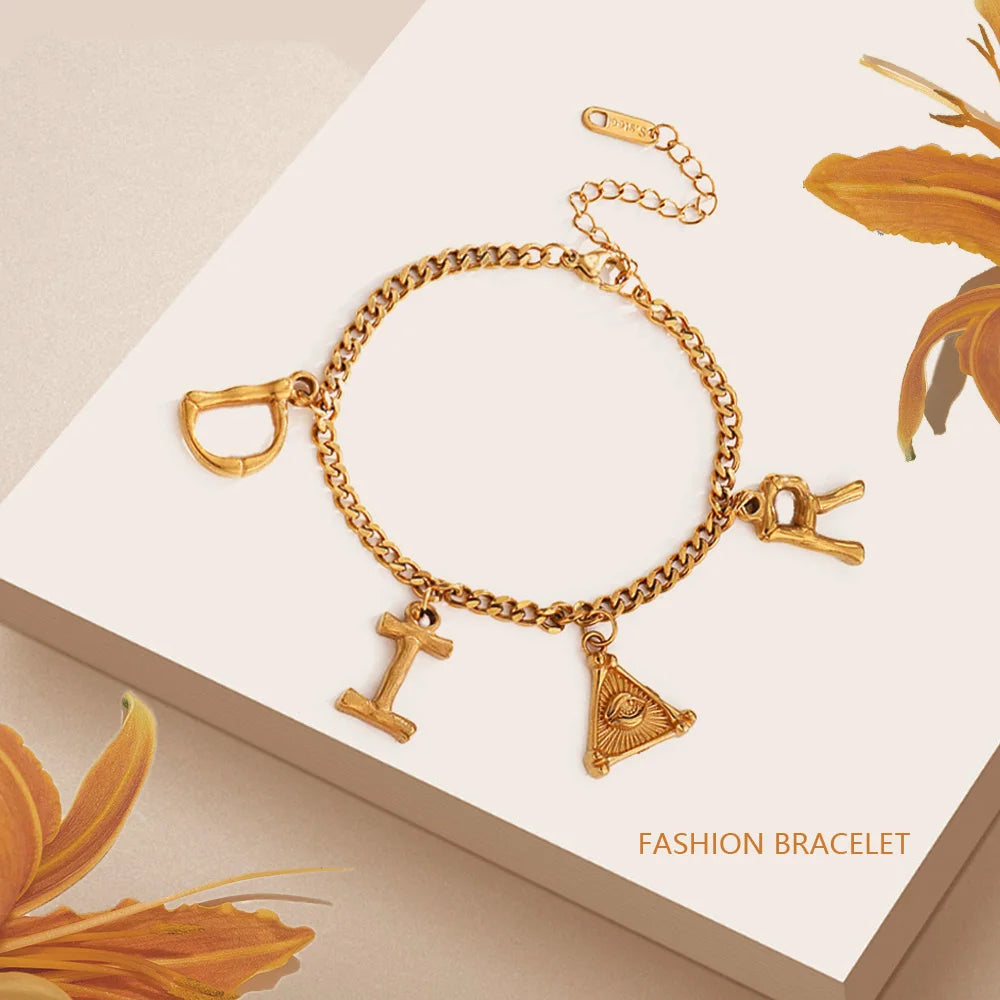Women Imitation Gold Geometric Stainless Steel Link Chain Letter Charm Lobster-Claw-Clasps Bracelets