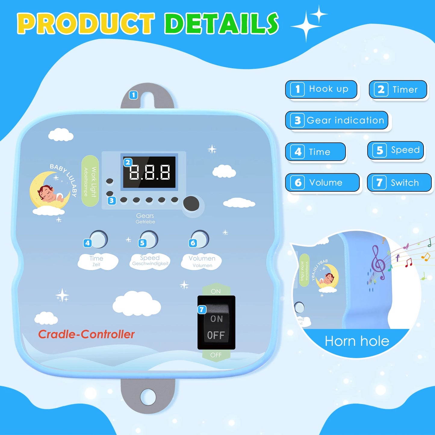 Blue Plastic Digital Display 9-Level Speed Hands-Free Rocking Electric Baby Swing Cradle Controllers/1-Spare Rope /2-Adjustable Springs /3-Metal Buckles/ Baby Lullaby Music/Time/Hook-Up/Remote Control/Power Cable/On-Off Switch