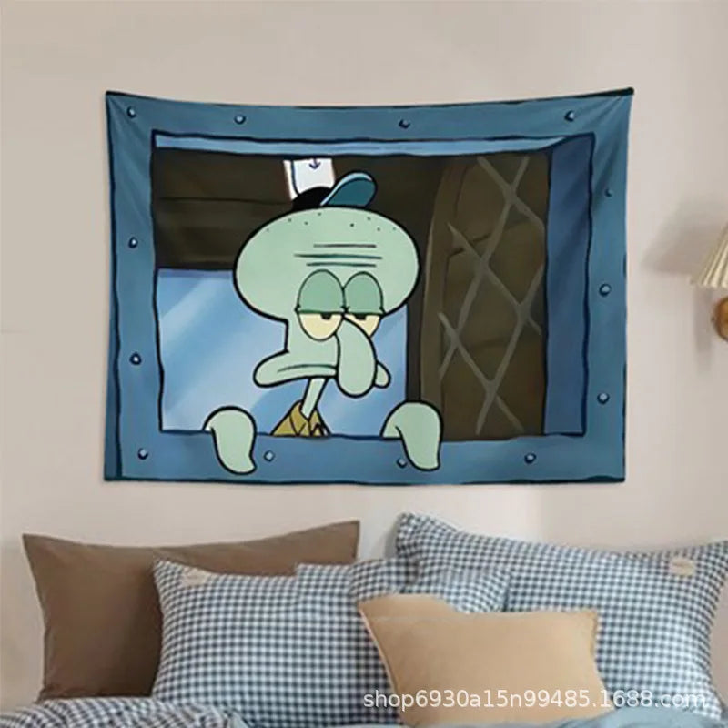 Kids Small Rectangle Polyester Realistic Blue Metal Framed Window Cute Cartoon SpongeBob-Patrick-Star-Mr. Krabs Cloth Tapestries/Ages: 14-18 + Years