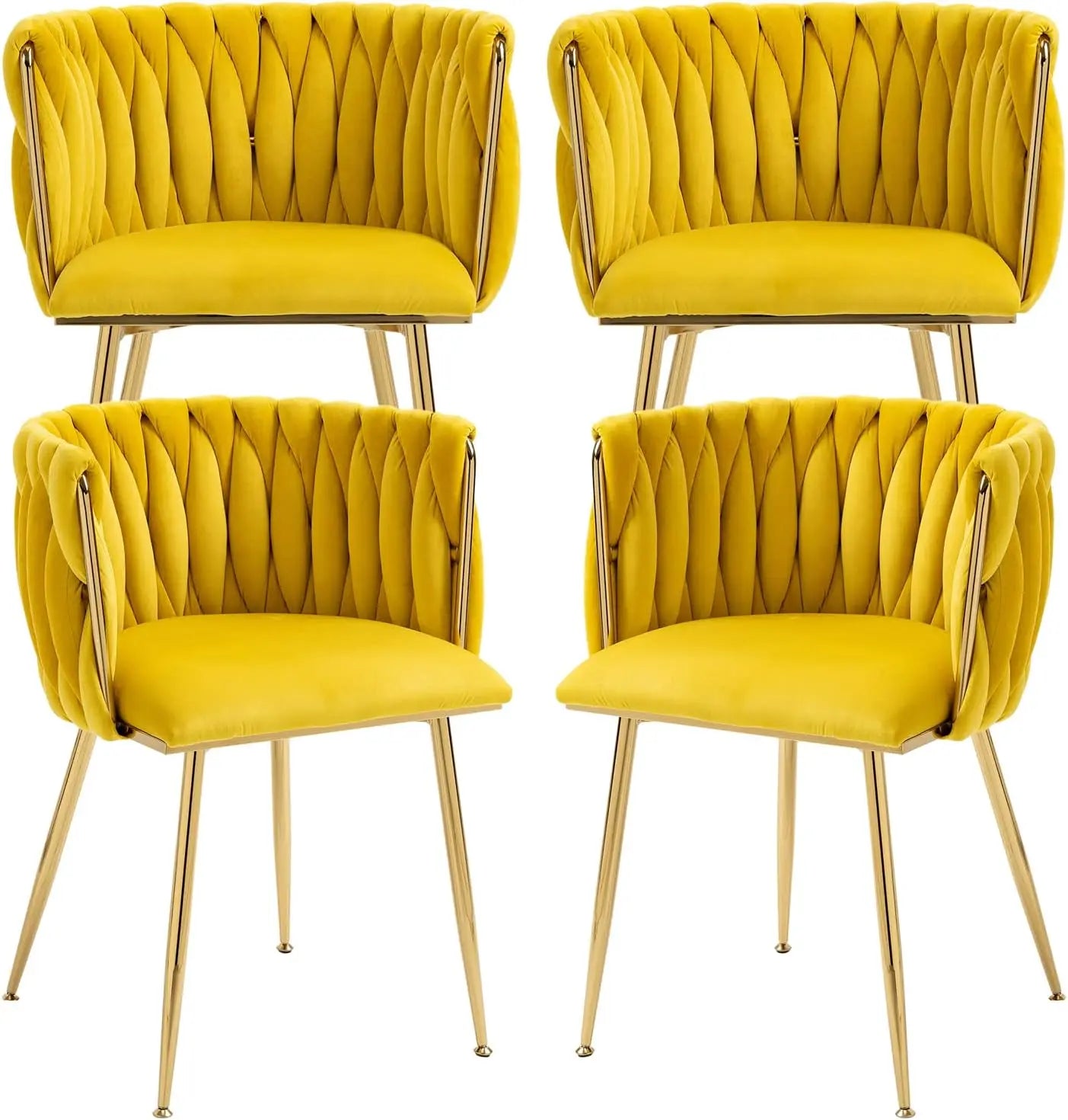 4 pcs Velvet Curved Backrest Woven Upholstered Padded Cushion Tufted Dining Chair Set w/ 4 Gold Metal Legs/Colors-Beige/Gold/Gray/Yellow/Black