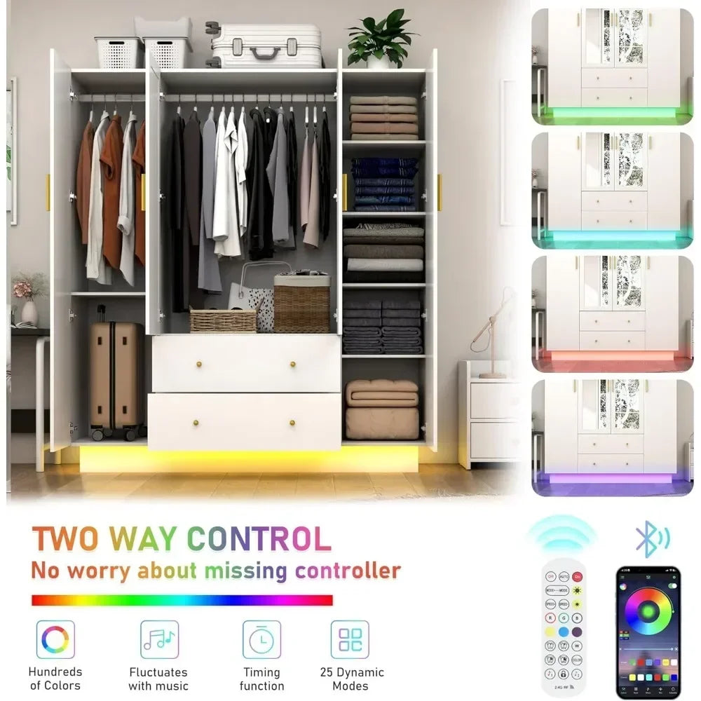 4 Door Armoire Mirrored Wardrobe Closet w/ 2-Way Remote Control LED Lighted Armoire/ 2 Drawers/Colors-White/Purple/Black/Dimensions: 19.7"D x 47.2"W x 70.1"H