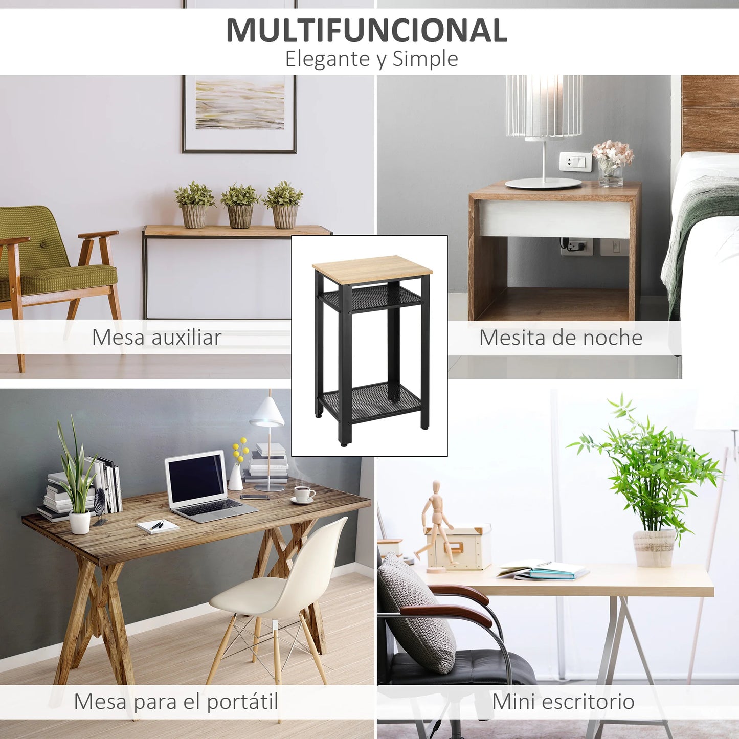 HOMCOM Modern Square Shaped Industrial Melamine Laminated Oak Wood Countertop Two Black Steel Metal Flat Shelves-Four Black Metal Legs Adjustable Feet Side End Tables