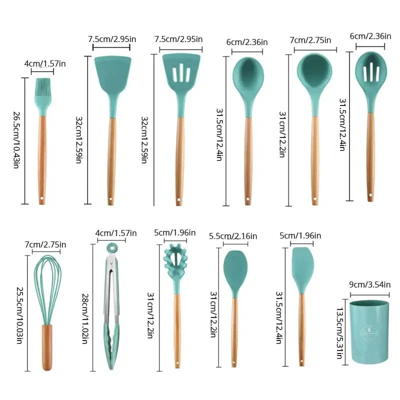 Kitchen 12 PCS Set Green Heat Resistant Non-Stick Silicone Tips Wood Handles Utensils-Storage Bucket/Colors-Blue/Red/Black/Green/Multicolor