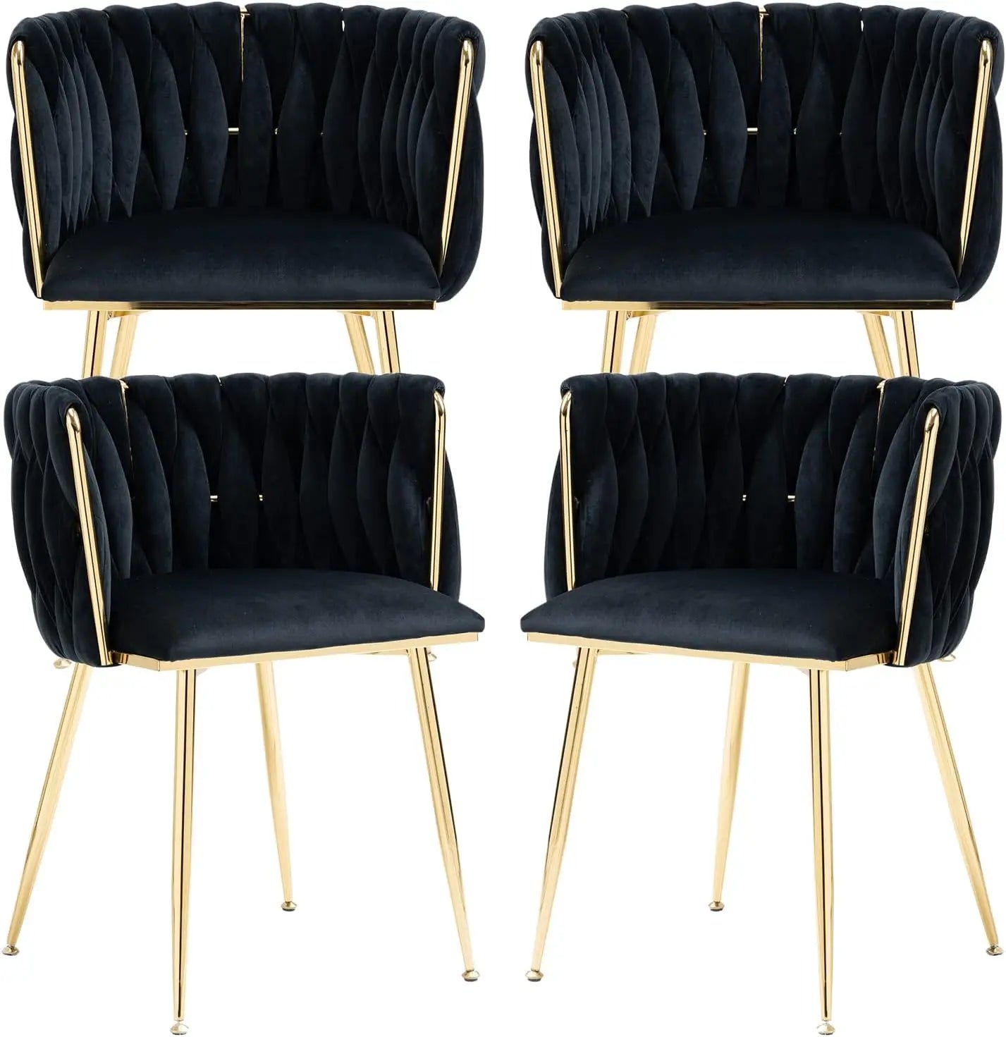 4 pcs Velvet Curved Backrest Woven Upholstered Padded Cushion Tufted Dining Chair Set w/ 4 Gold Metal Legs/Colors-Beige/Gold/Gray/Yellow/Black