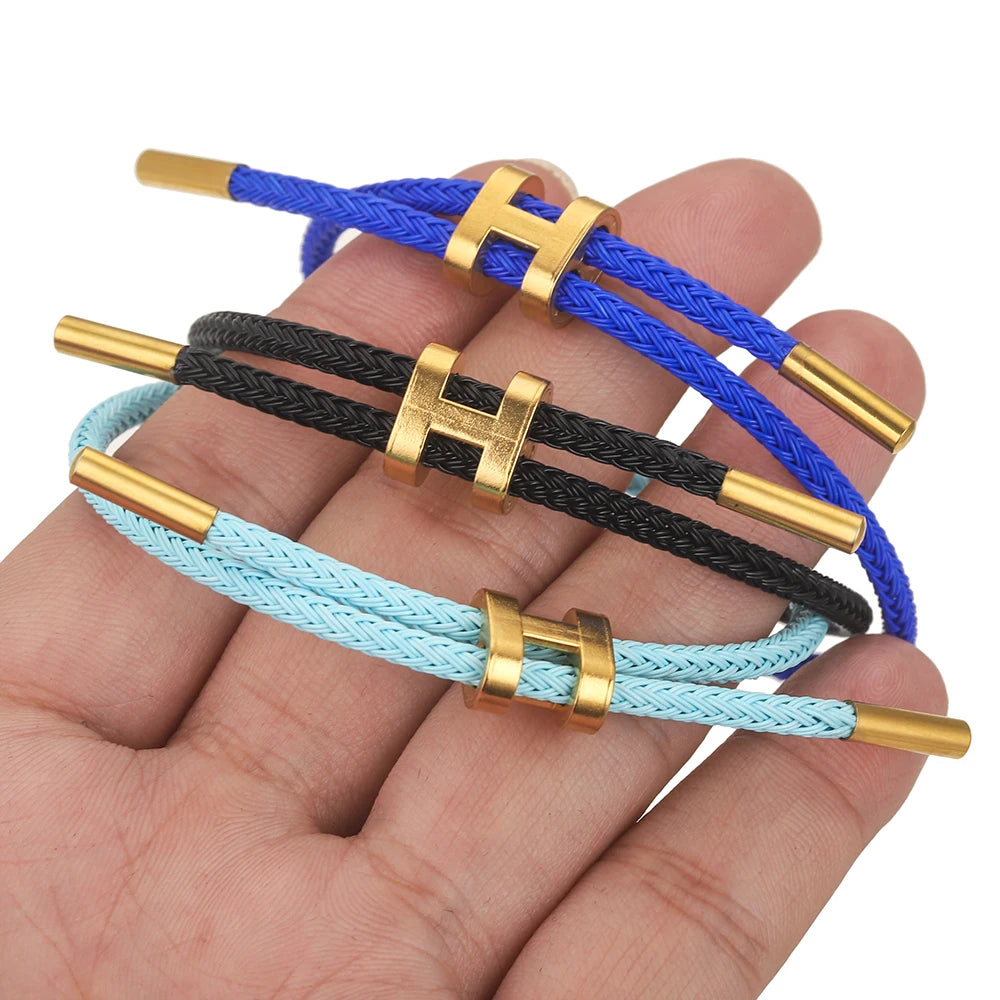Unisex Round Stainless Steel Adjustable Braided Wire Rope Charm Vacuum Plated 18k Gold Toggle-Clasps Bracelets/Colors-Blue/Pink/Green/Red/Geometric
