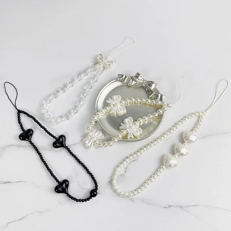 Women Korean Cute Beaded Faux Pearl Charm Strong Nylon Rope Hanging Wrist Strap Phone Accessories/Colors-Black/White/Clear