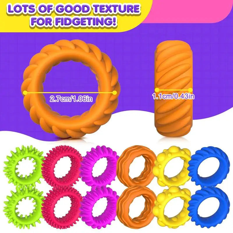 6 PCS Set Non-Toxic TPR Flexible Stretchy Silicone Spiky Sensory Rings Finger Ant-Stress Rings Fidget Toys/Colors-Multicolor/Orange/Geometric /Ages: 13-18 + Years Older