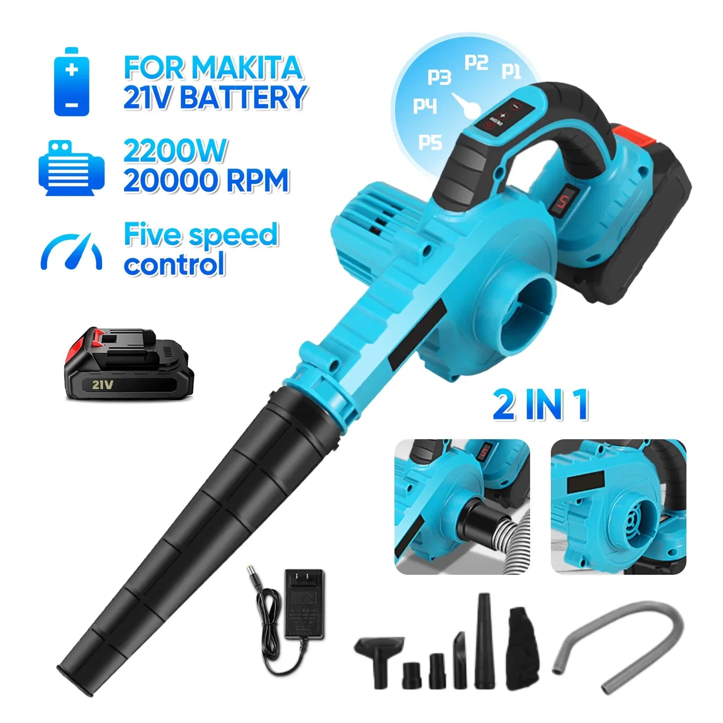 21V Cordless Electric Air Blower&Suction Leaf 2 in1 5 Speed Computer Dust Cleaner Collector Power Tools For Makita 18V Battery