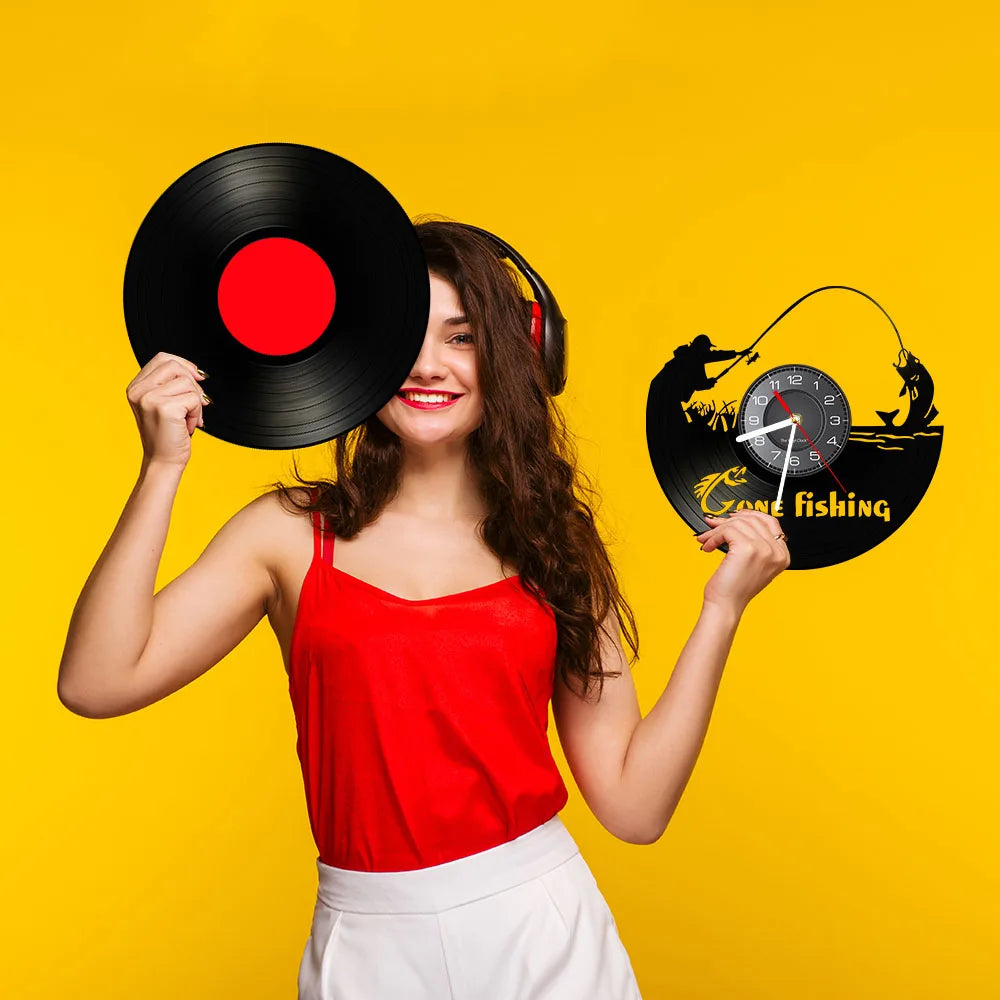 Retro Handmade Plastic Vinyl Record Gone Fishing Silhouette Of Fisherman Catching A Fish With Rod-N-Reel Wall Clocks/Battery Not Included/ 1 AA Battery Size/With-Without LED Light/Colors-Black/Geometric