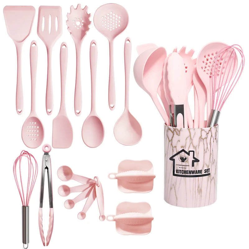 10 PCS Silicone Kitchen Cooking Utensils Tool Sets/Colors-Pink/Black/White