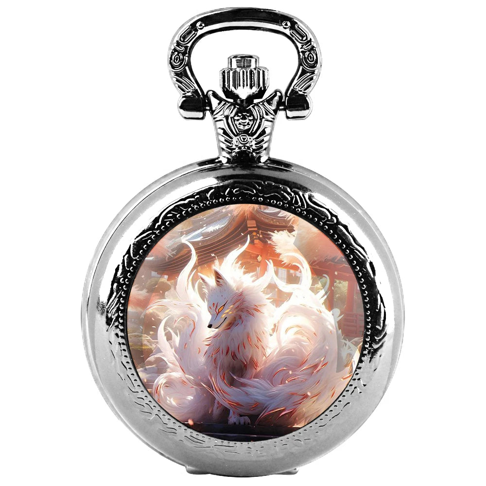 No-EN-Name-Null Adults Unisex Quartz Black Antique Round Shaped Creative Cartoon Nine-Tailed Fox Analog Display Arabic Numerals Black Necklace Chain-Pocket Watches/ Colors-Golden/Bronze/Silvery/Black