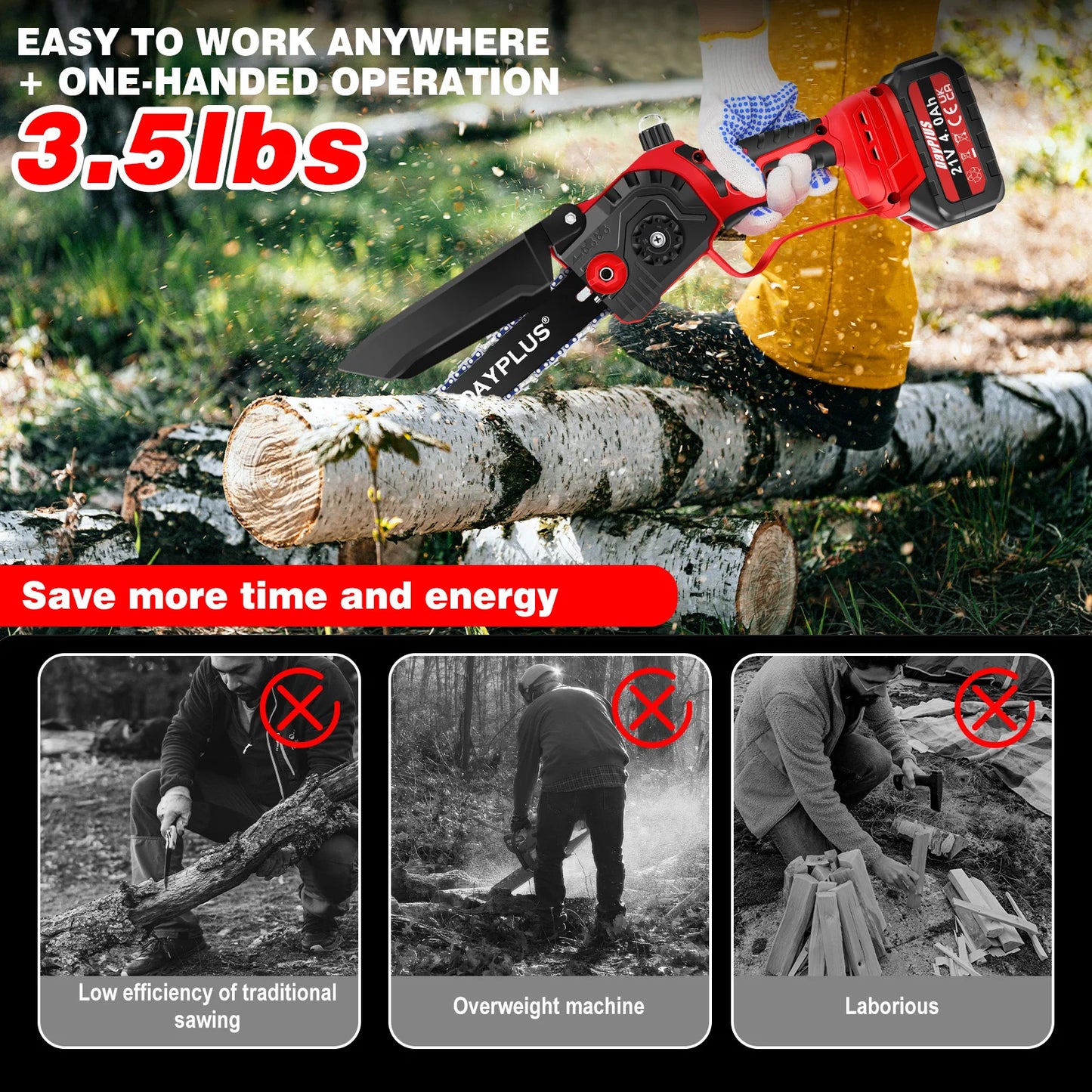 DAYPLUS Outdoor Rechargeable Safe-Lock Off Button 8 Inch Mini Plastic Red-Black Body Cordless Brushless Motor Battery-Powered Electric Metal Gas Chainsaws Carrycase Kit