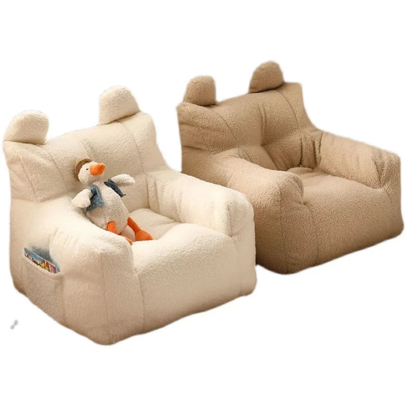 Babies-Toddlers Eco-friendly Upholstered Padding Polyester Fabric Art Frame Comfortable One Seat Soft Plush Lamb Hair Wool Linen Bean Bag Chairs/Side Storage Pocket/Removable-Washable Cover/Colors-Yellow/White/Beige/Multicolor