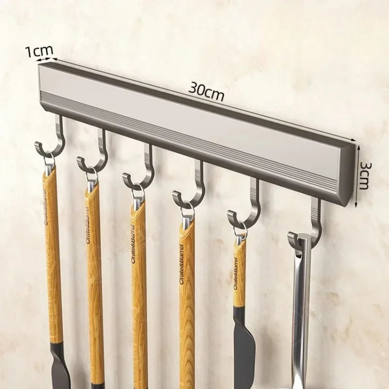 Kitchen Aluminum Wall Mounted Drill-Free Inserted Rubber Ring Hanging 6-8-10 Hooks Utensil Rack/Use Super Glue/Suitable For Smooth Non-Porous Surfaces/Colors-Silver/Gray