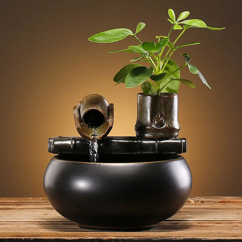 Desktop Glazed Ceramic Clay-Enamel Plant Rocky Landscape PET Flowing Drinking Water Bowl Fountain/Colors-Brown/Black
