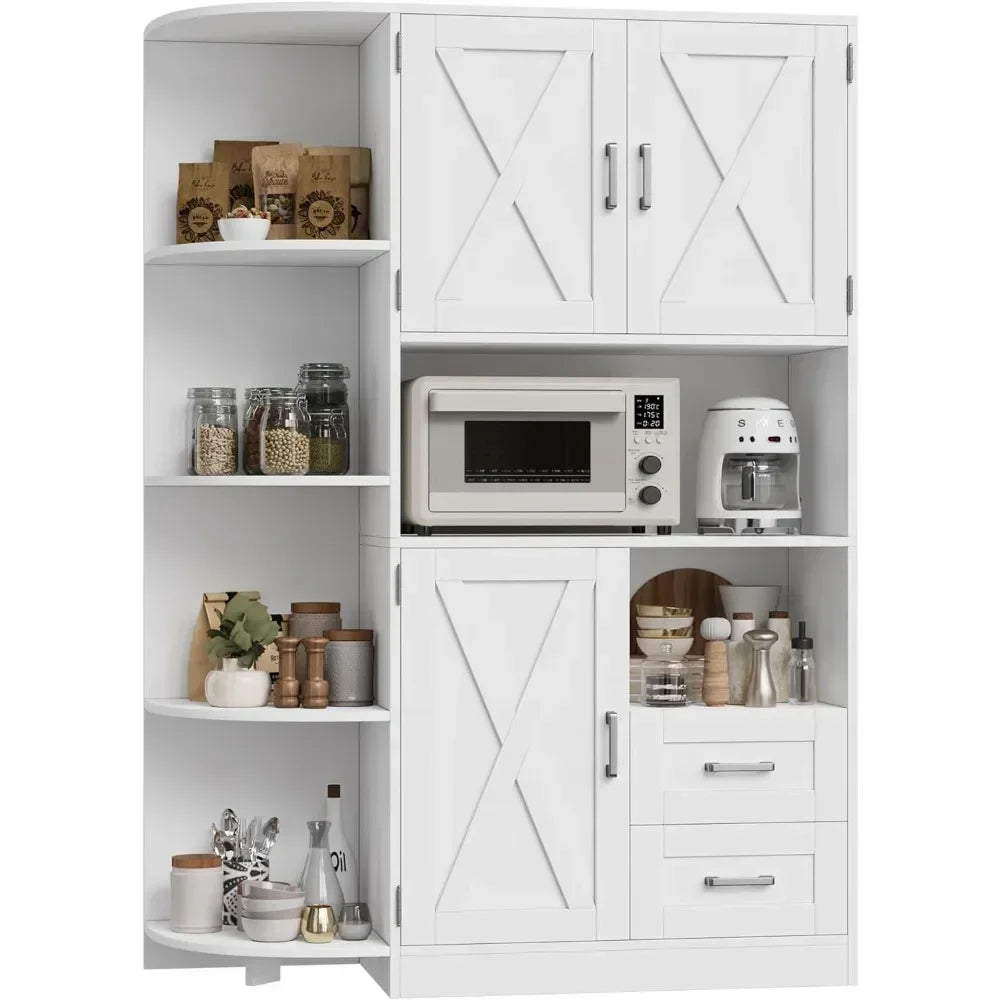 Solid Wood Farmhouse Kitchen Storage Cabinet/4 Tier Adjustable Shelves w/ 3 Doors /Dining Sideboard /2 Easy-Glide Drawers/Colors/White/Gray/Brown/ Holds Up To 350 lbs.