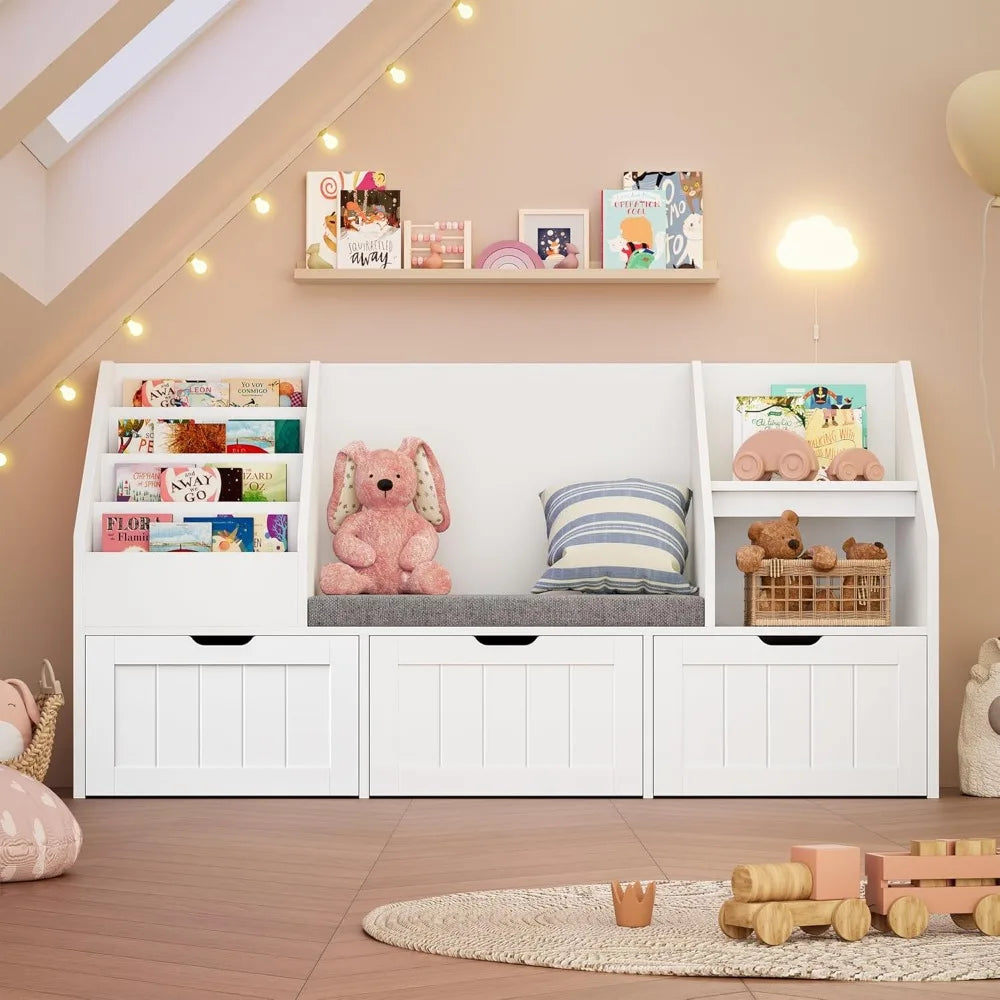 White Kids Bookshelf/ Soft Cushion Seat-Reading Nook/ Toy Storage Organizer / 3 Movable Drawers