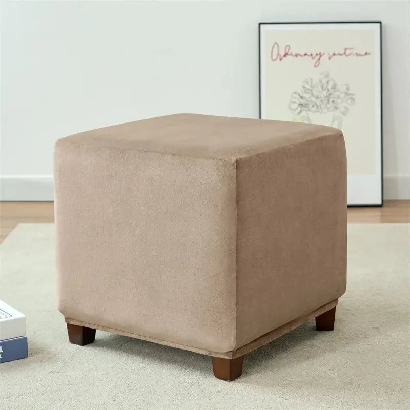 Soft Velvet Cotton-Polyester Square Ottoman Footrest Elastic Slipcovers/Colors-Green/White/Beige/Red/Gray