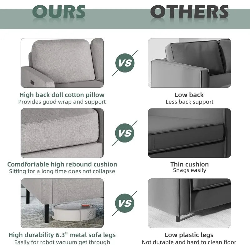 OLOEY Modern Small Two Persons Light Gray Soft Recycled Fine Linen Fabric Round Corners Design Solid Wood Frame Metal Legs Loveseat Sofas/ 2 USB Charging Ports/One-Pocket-Both Side Pockets