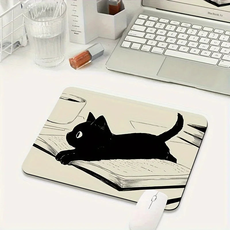 Small Rectangle Non-Toxic Cartoon Kawaii Black Cat Animal Illustration Fabric Washable Non-Slip Rubber Lock Edge Gaming Mouse Pad
