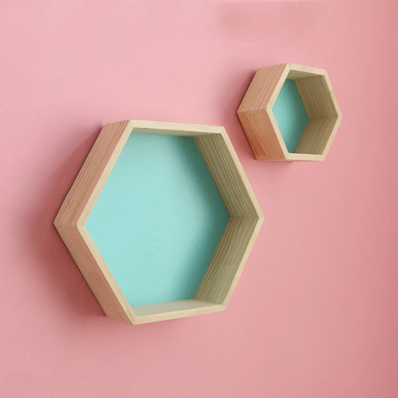 2 PCS Set Kids Wood Wall Mounted Hexagon Shaped Floating Shelves/Colors-Beige/Yellow/Pink/Green