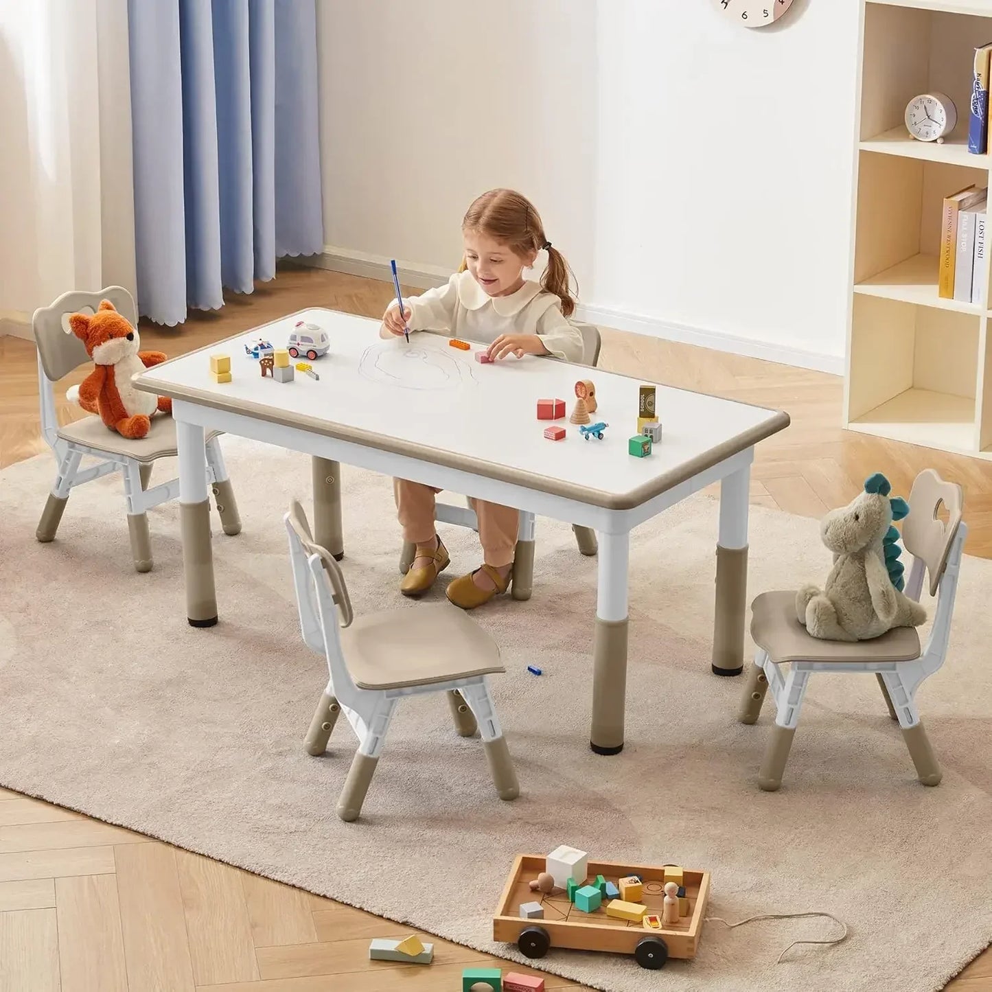 4 pcs White HDP Rectangle Toddler Height Adjustable Table/ 4 Chairs Set/Colors-Beige/White