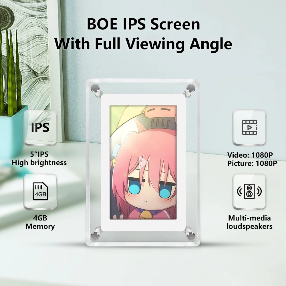 5 Inch Rectangle Acrylic Round Corners ON Screen Display Automatic 360 Rotate Function Video MP3-Playback Digital Zoom Photo Frames/Camera HD Type VGA/100cm USB Cable/White Back Stand/Dust-Proof Cloth/ User Manual/Colors-White/Clear