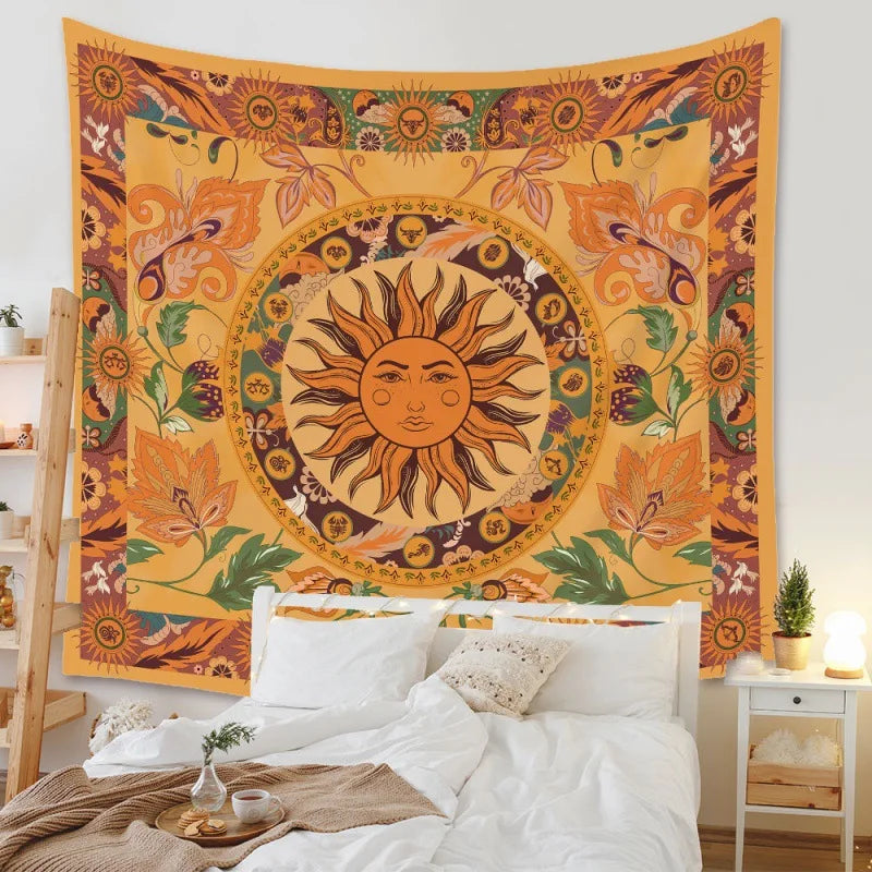 Decorative Polyester-Cotton Black Background-White Printed Nature Tree of Life Design Wall Tapestries/Colors-Black/Orange/Navy Blue/White/Yellow/Multicolor