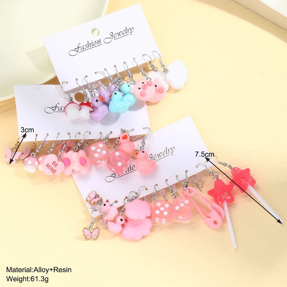Women Imitation Multicolor Acrylic Cute Funny Cartoon Dopamine Hearts-Duck-Butterfly-Star-Pig Drop Tin Alloy Metal Earrings Sets/Colors-Multicolor/Dots/Animals