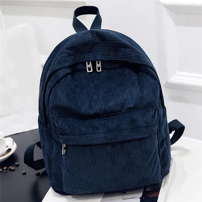 Women Softback Corduroy Interior Zipper Pockets Polyester Mochila Striped Rucksack Backpack Bags/Colors-Gray/Brown/Navy/Black/Blue/White