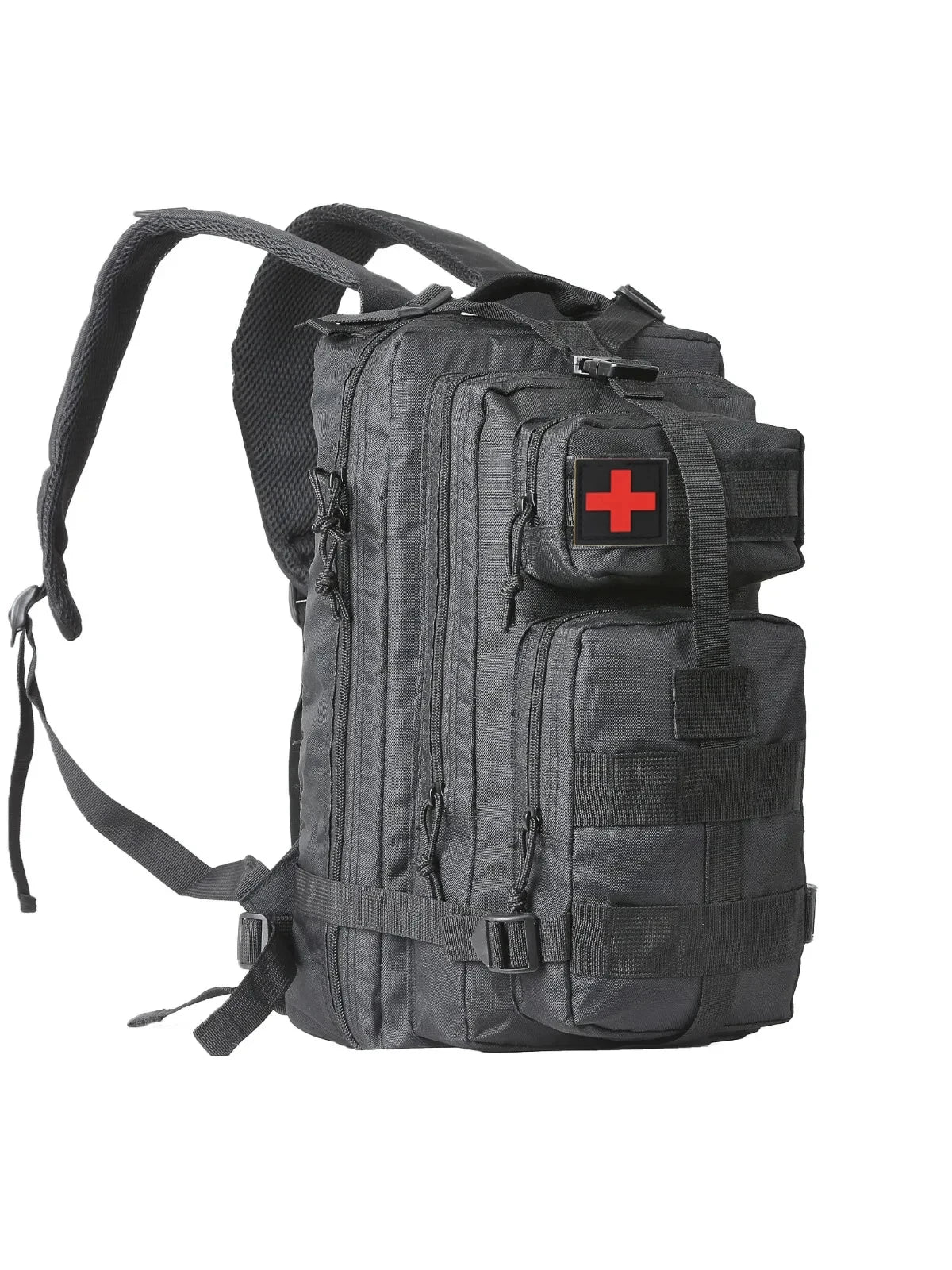 LAWAIA Black Nylon Fabric Adjustable Shoulder-Chest-Wrist Straps-Handle External Pockets Double Zippers Plastic Lining Built-In Laptop Compartment Tactical Military Backpacks/ Slit Pocket