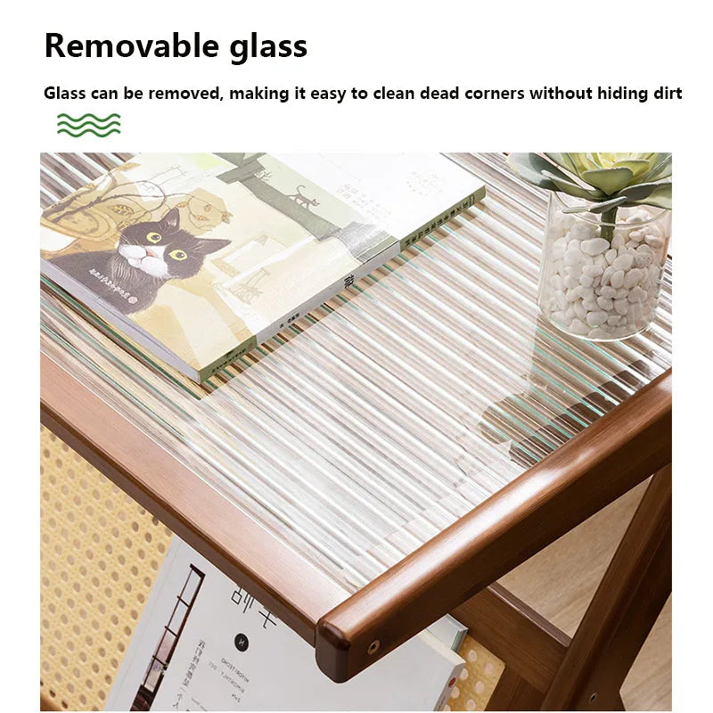 Z Shaped Bamboo Removable Glass Top End Table W/ Magazine Rack/Colors-Black/Brown/Oak