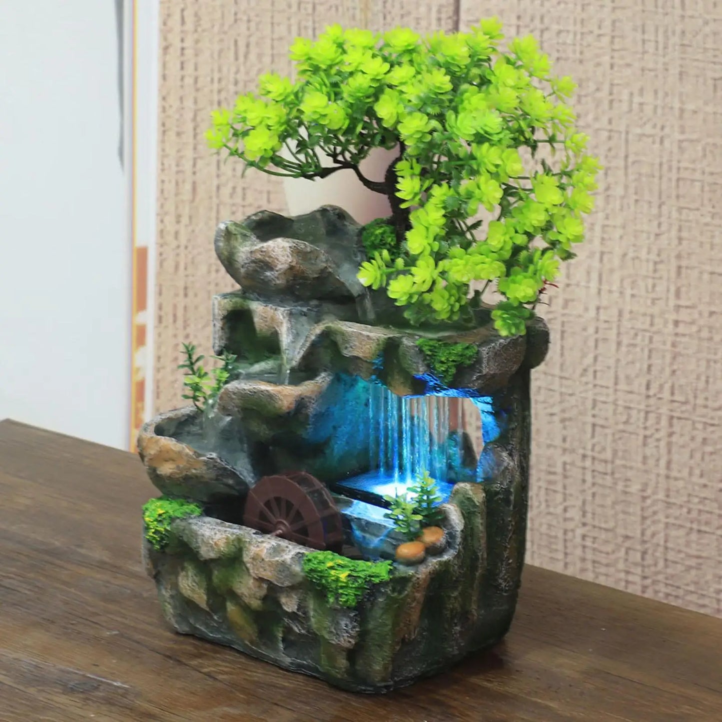 Indoor LED Lights Resin Green Bonsai Tree Rocky Mountain Landscape Brown Wheel Flowing Waterfall Tabletop Fountains/Built-In Automatic Pump