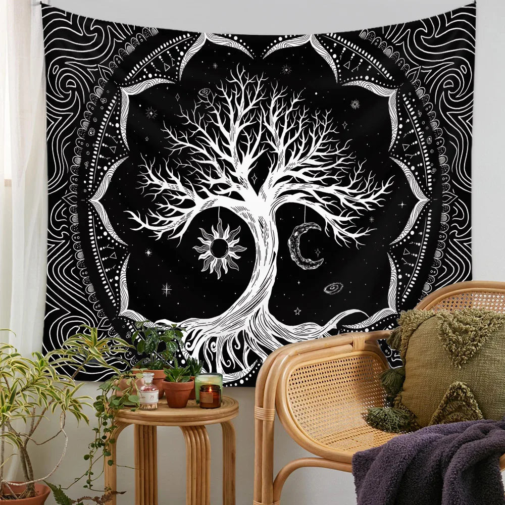Black Background Polyester Nature Mysterious Garden Of Eden Green Tree of Life Forest-Sun-Beige Moon Spiritual Wall Hanging Tapestries/Colors-Green/Black/Beige