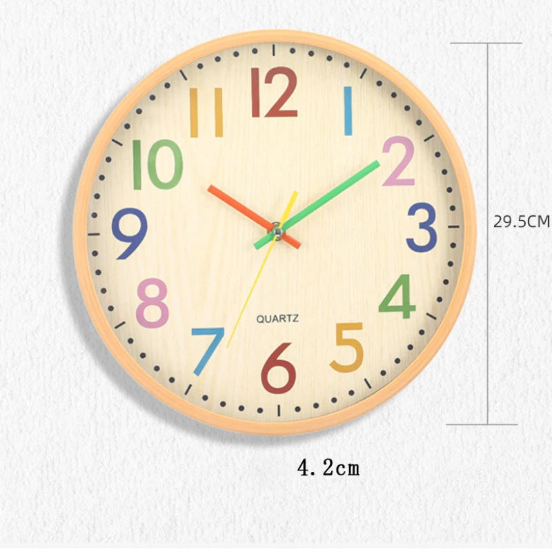12 Inch Quartz Round Wood Silent Movement Wall Clocks w/Colorful Hands/ Colorful Numbers/Size: 29.5cm H x 4.2cm W/Plastic Materials Inside/ Runs Off 1.5V AA Battery / Battery Not Included