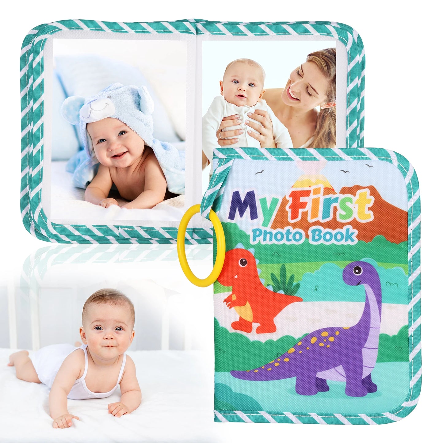 Babies Green Cartoon Flying Pterodactyl-Dinosaurs My First Year Photo Book Soft Cloth Case Fabric Loose-Leaf Transparent Bag Mirror 17 Photo Albums/Versatile Round Hook/Ages: Babies 0-24 Months