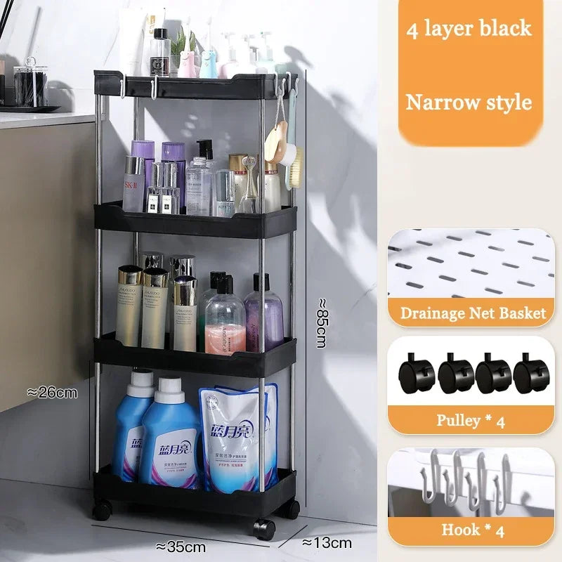 Kitchen Black-White 3-4 Tiers Shelves Non-Folding Slim Storage Plastic Carts/360 Rotation-4 Plastic Wheels/Colors/White, Black