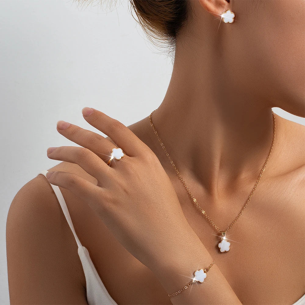 3PCS Set Imitation Zinc Alloy Lucky Five-Leaf Clover Jewelry Sets/Necklace-Bracelet-Earrings/Colors-Floral/Gold/Black/White/Silver