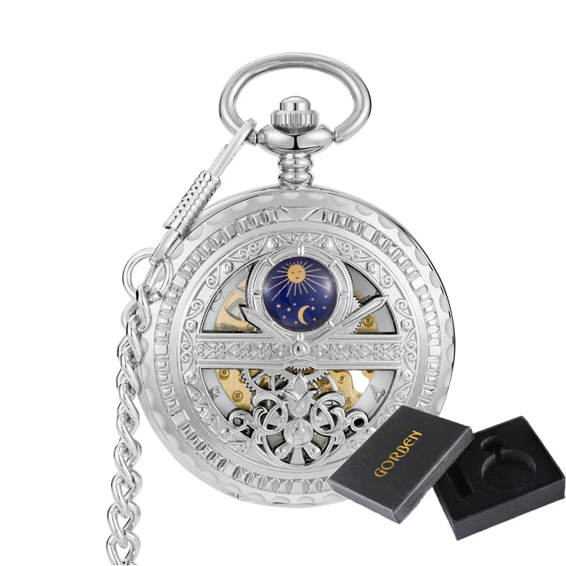 GORBEN Adults Mechanical Hand-Winding Glass Face Black-Sliver-Gold Round Stainless Steel Metal Case Analog Display Hollow-Out Skeleton Dial Blue Night Sky-Half Moon-Stars-Sun Design Analog Display Chain-Pocket Watches/With Box-Without Box