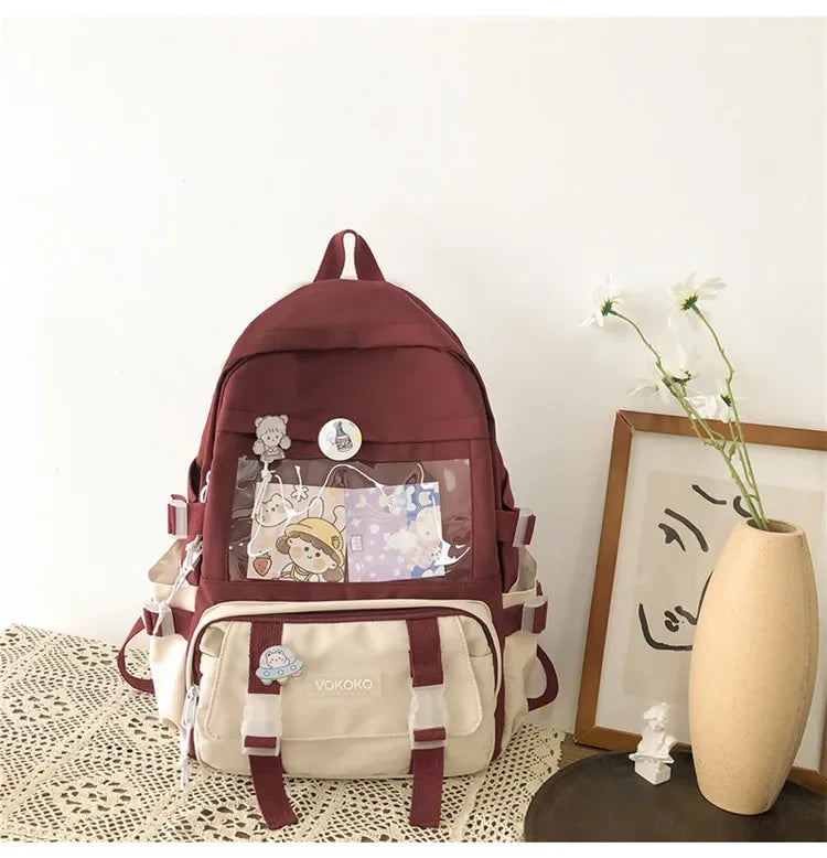 VONMONAN Women Waterproof Pink Nylon Fabric Clear Transparent Window Kawaii Cute Animal Design Zippers External Pockets Polyester Lining Single Compartment Shoulder Straps-Handle School Backpacks/Colors-Pink/Red/Green